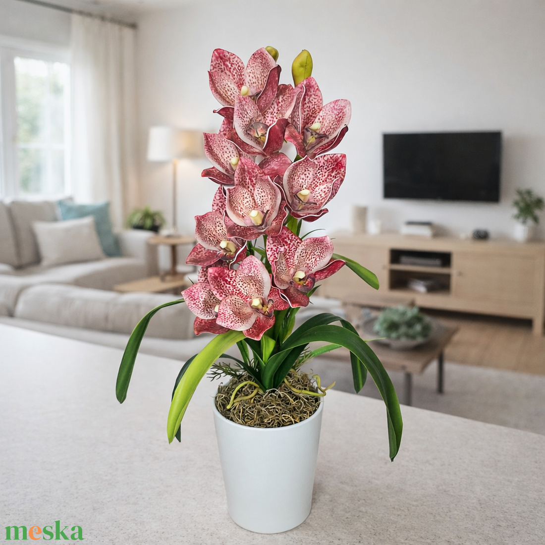 Cymbidium orchidea dekoráció kerámia kaspóban-mályva - otthon & életmód - virágdekoráció - virágdíszek - virágdísz kaspóban - Meska.hu