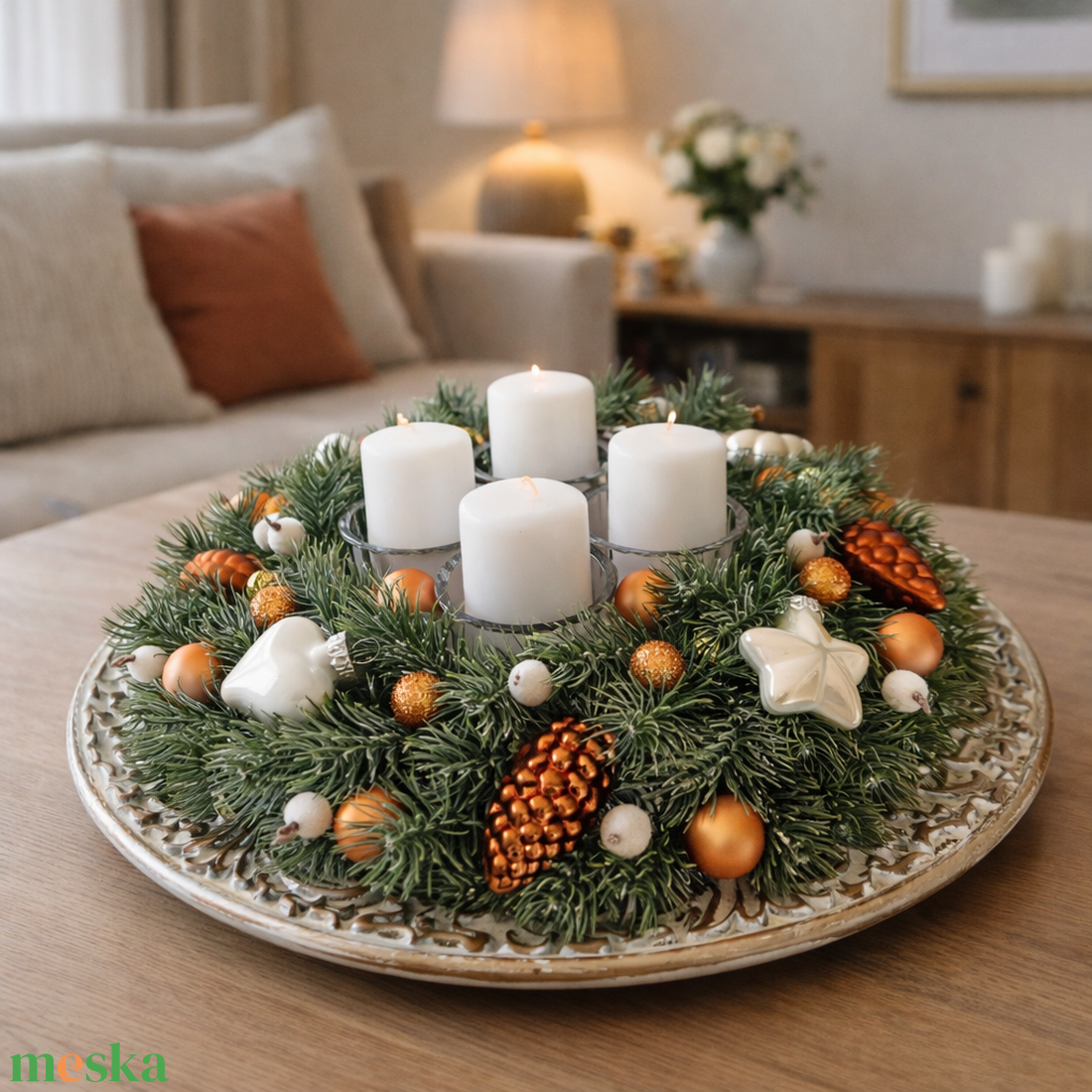 Adventi asztaldísz bronz-fehér - karácsony - adventi díszek - adventi koszorú - Meska.hu
