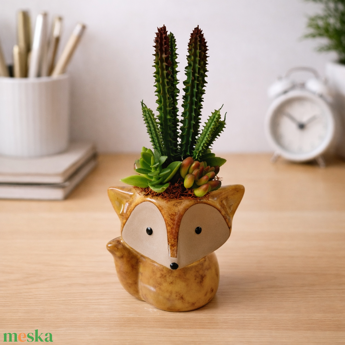 Pozsgás dekoráció rókás kaspóban II. - otthon & életmód - virágdekoráció - virágdíszek - virágdísz kaspóban - Meska.hu