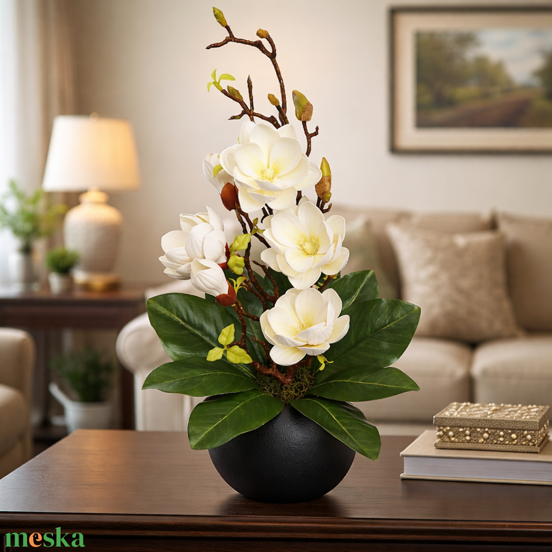 Magnóliás asztaldísz-krém - otthon & életmód - virágdekoráció - virágdíszek - virágdísz kaspóban - Meska.hu