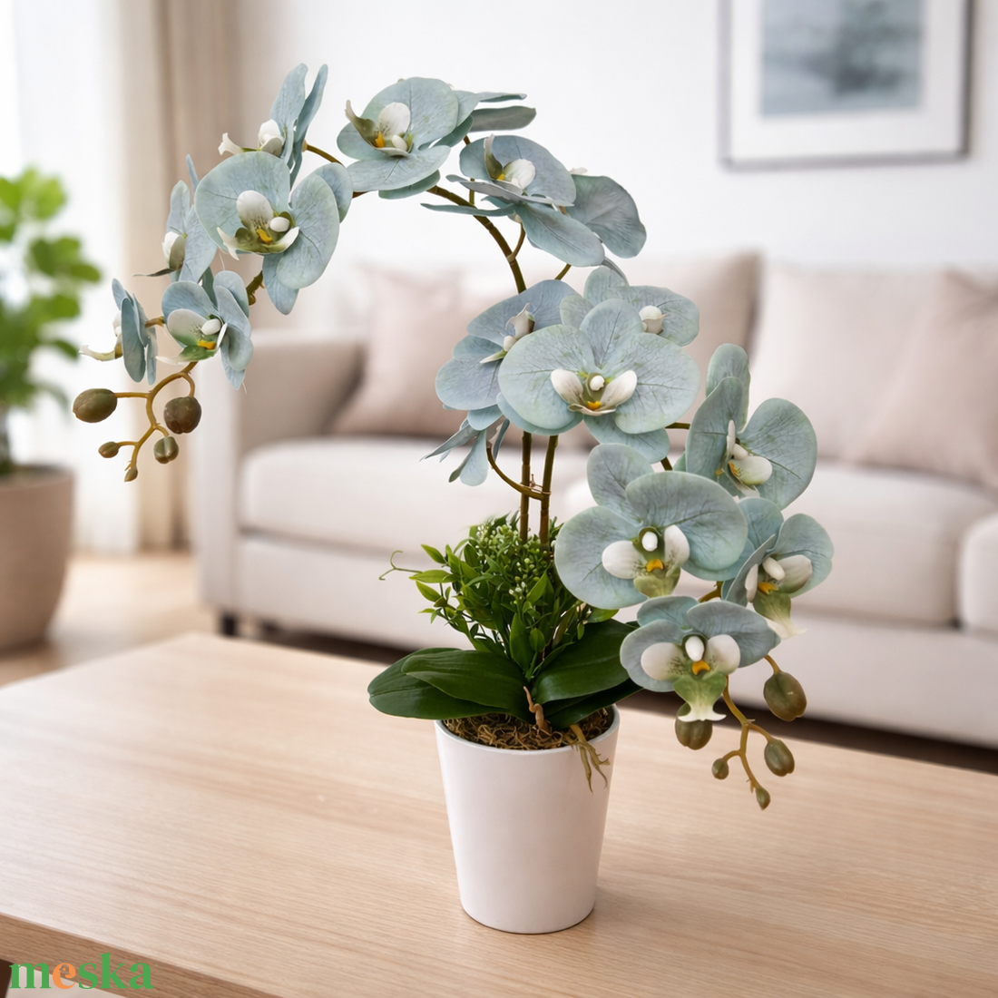 Orchidea dekoráció kerámia kaspóban-menta II. - otthon & életmód - virágdekoráció - virágdíszek - virágdísz kaspóban - Meska.hu