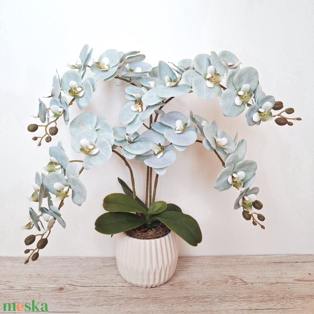 Orchidea dekoráció kerámia kaspóban-menta III. - otthon & életmód - virágdekoráció - virágdíszek - virágdísz kaspóban - Meska.hu