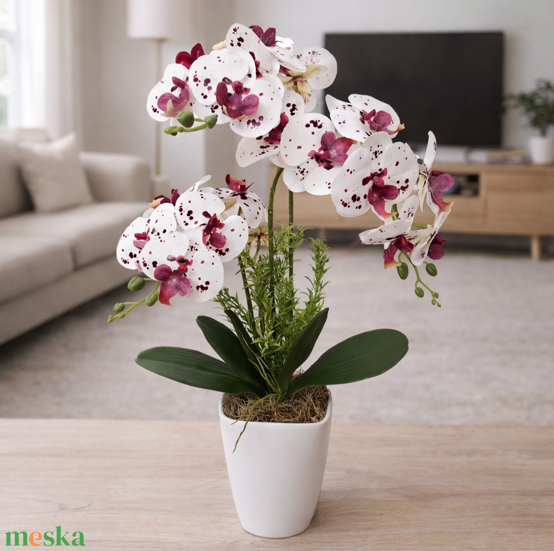 Orchidea dekoráció kerámia kaspóban-pettyes II. - otthon & életmód - virágdekoráció - virágdíszek - virágdísz kaspóban - Meska.hu