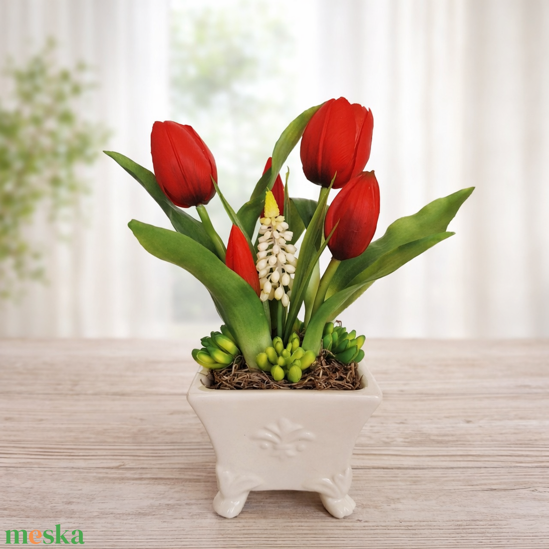 Élethű tulipánok kerámia kaspóban-piros II. - otthon & életmód - virágdekoráció - virágdíszek - virágdísz kaspóban - Meska.hu