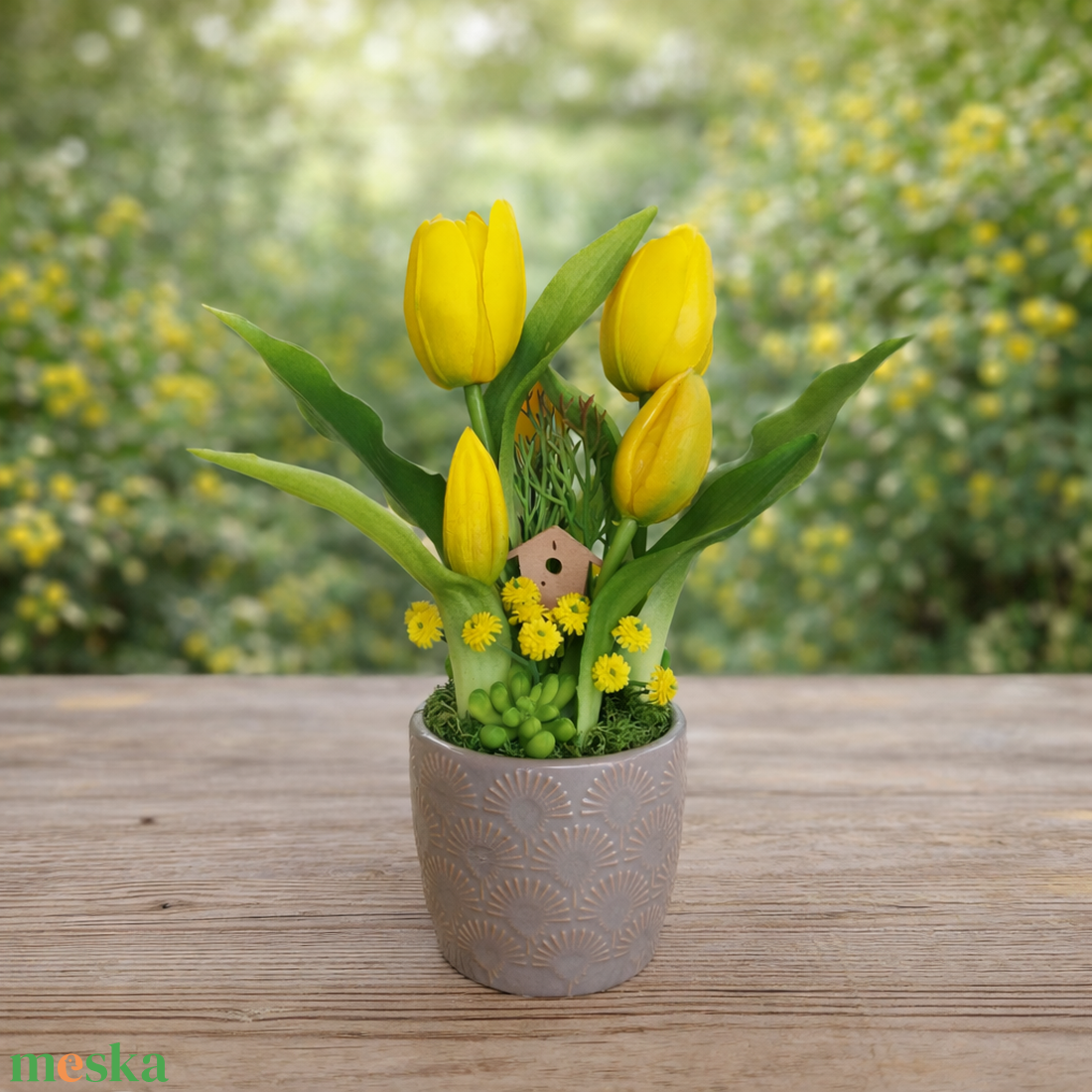 Élethű tulipánok kerámia kaspóban-sárga II. - otthon & életmód - virágdekoráció - virágdíszek - virágdísz kaspóban - Meska.hu