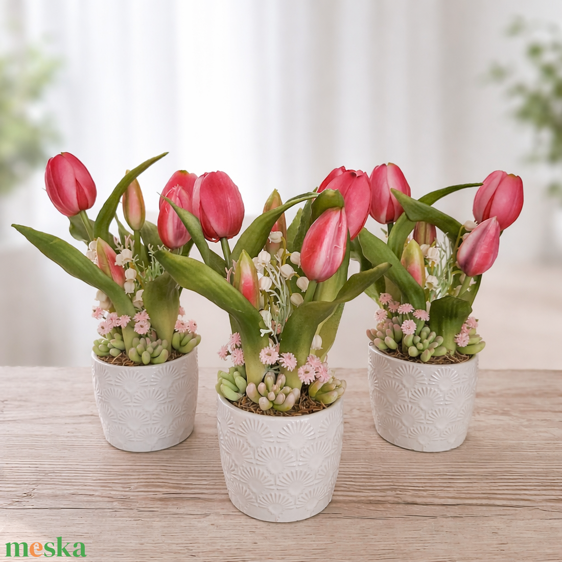 Élethű tulipánok kerámia kaspóban-pink II. - otthon & életmód - virágdekoráció - virágdíszek - virágdísz kaspóban - Meska.hu
