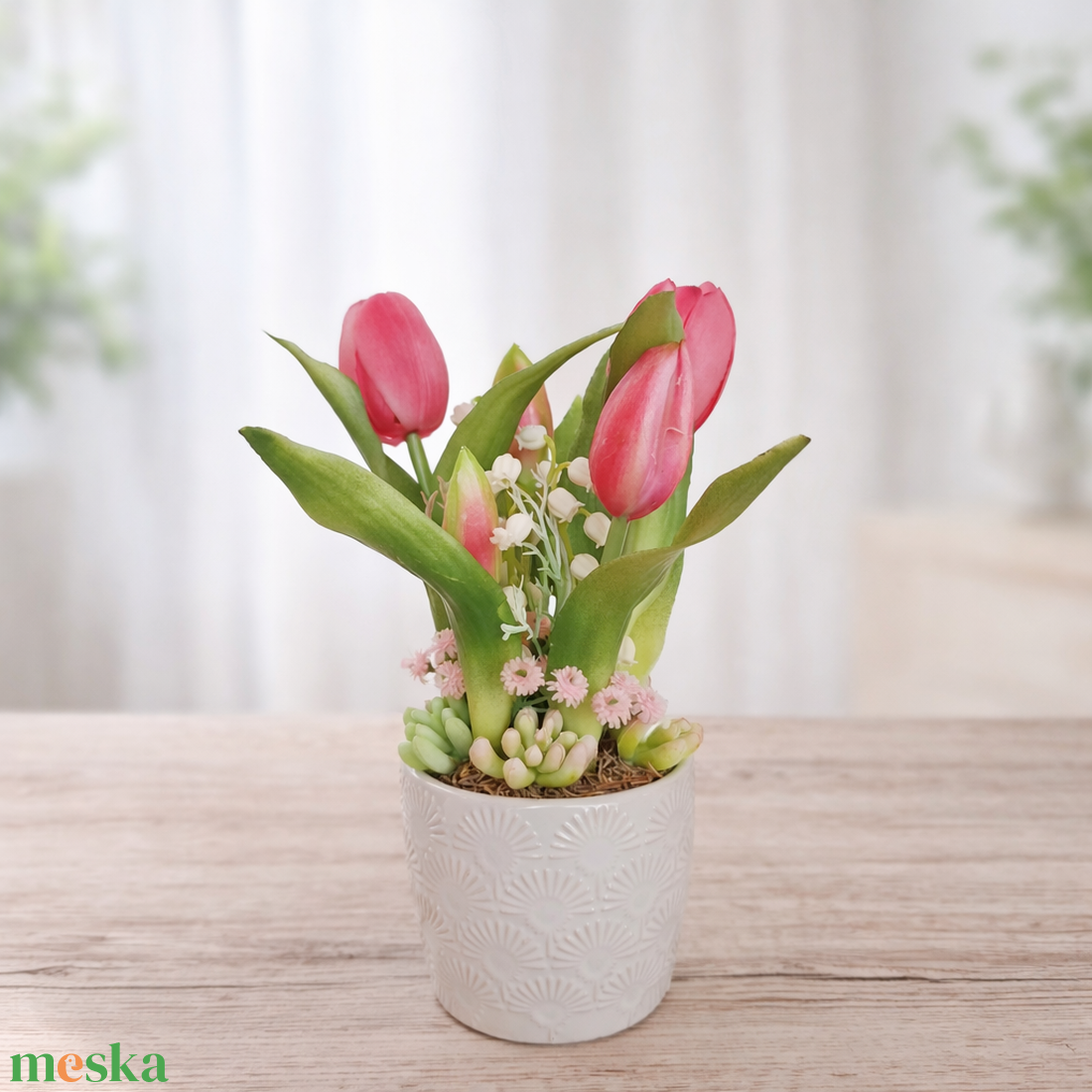 Élethű tulipánok kerámia kaspóban-pink II. - otthon & életmód - virágdekoráció - virágdíszek - virágdísz kaspóban - Meska.hu