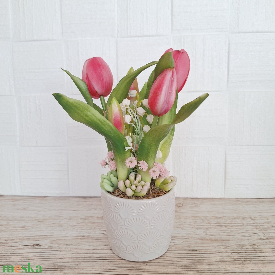 Élethű tulipánok kerámia kaspóban-pink II. - otthon & életmód - virágdekoráció - virágdíszek - virágdísz kaspóban - Meska.hu