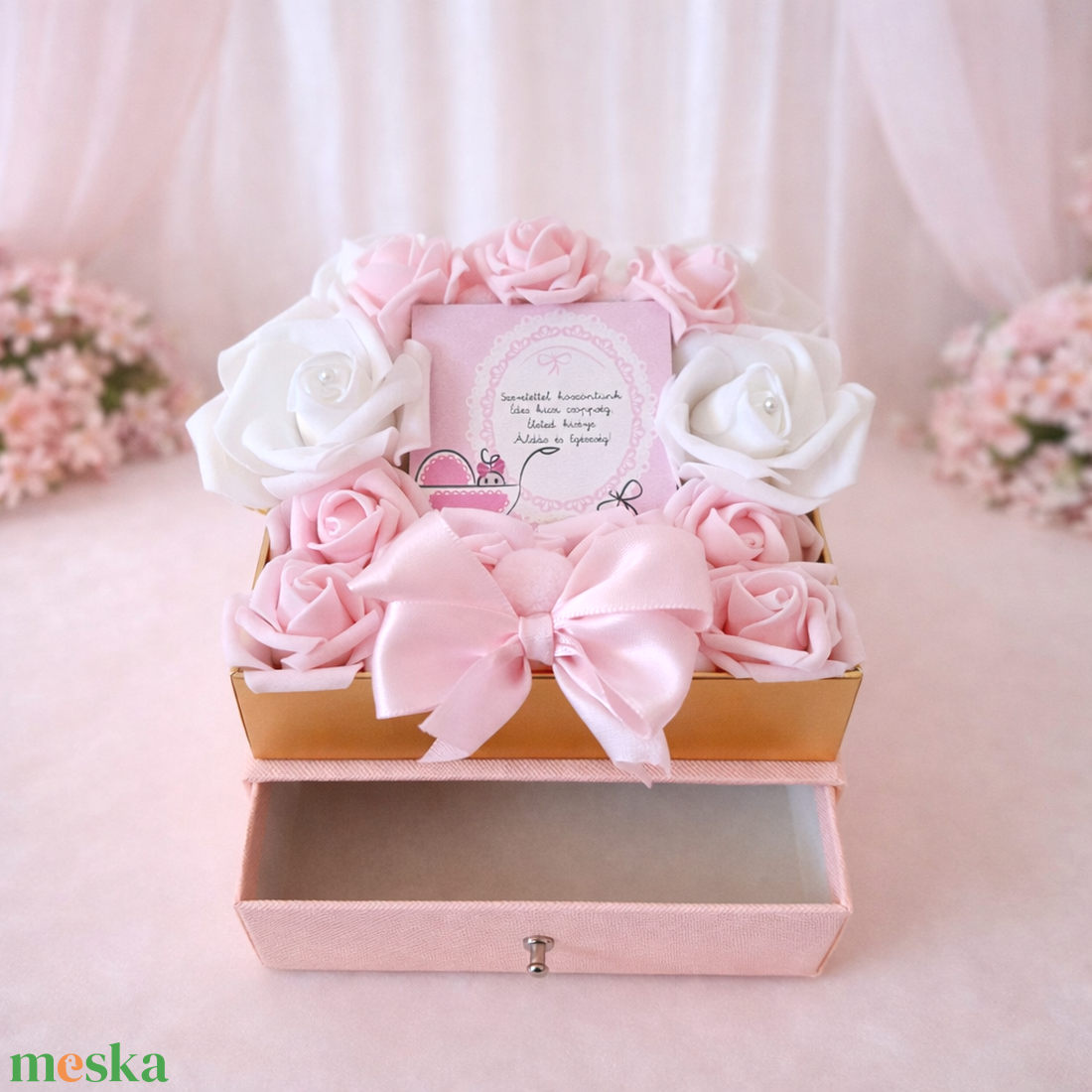  Babaköszöntő fiókos virágdoboz habrózsákkal II. - otthon & életmód - virágdekoráció - virágok - virágbox - Meska.hu