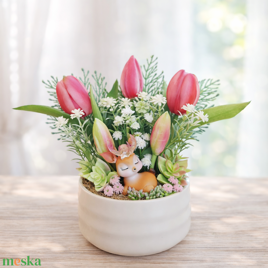 Tavaszi őzikés dísz kerámia kaspóban II. - otthon & életmód - dekoráció - asztal és polc dekoráció - asztaldísz - Meska.hu