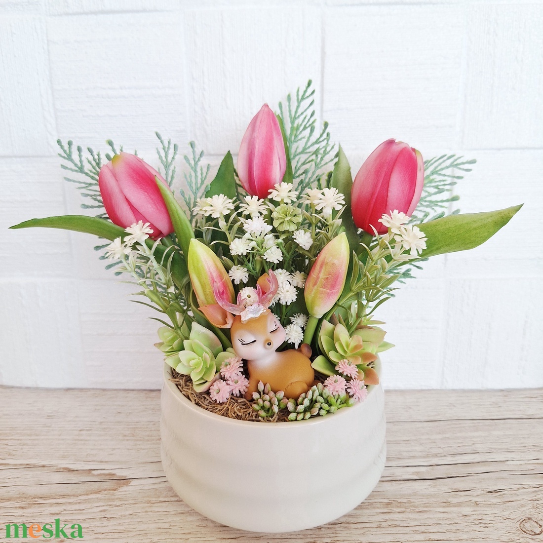 Tavaszi őzikés dísz kerámia kaspóban II. - otthon & életmód - dekoráció - asztal és polc dekoráció - asztaldísz - Meska.hu