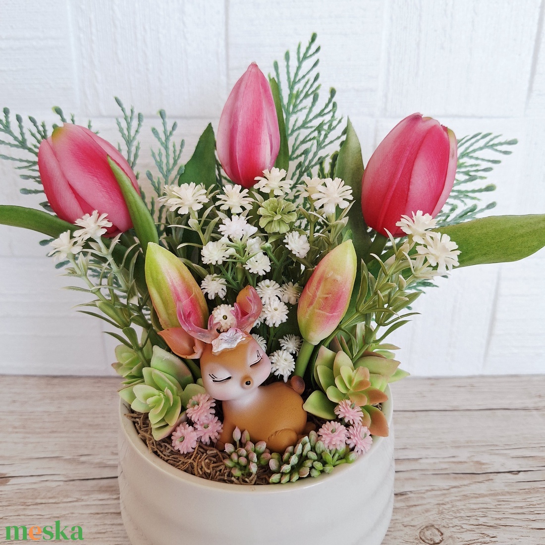 Tavaszi őzikés dísz kerámia kaspóban II. - otthon & életmód - dekoráció - asztal és polc dekoráció - asztaldísz - Meska.hu