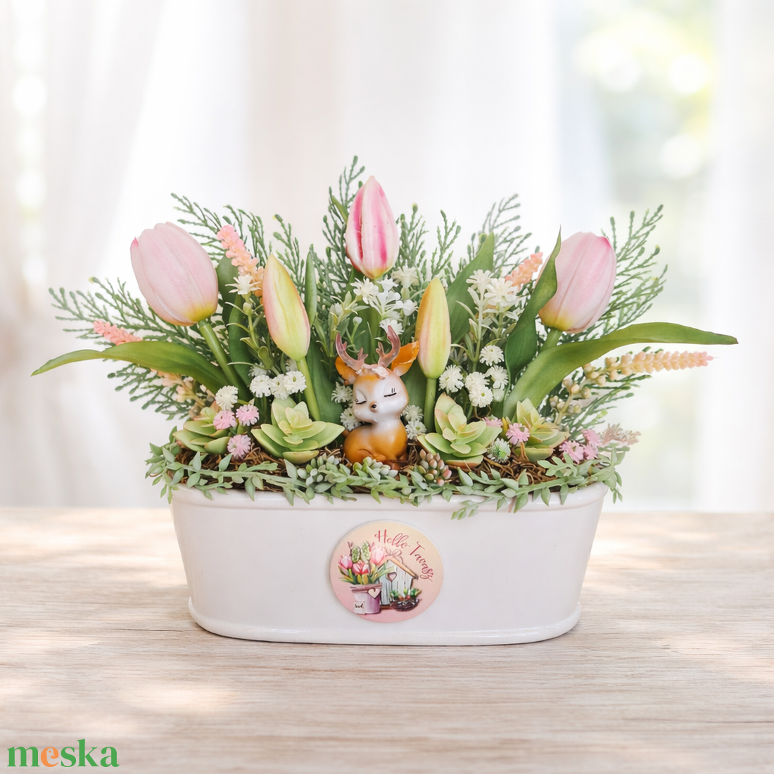 Tavaszi őzikés dísz kerámia kaspóban III. - otthon & életmód - dekoráció - asztal és polc dekoráció - asztaldísz - Meska.hu