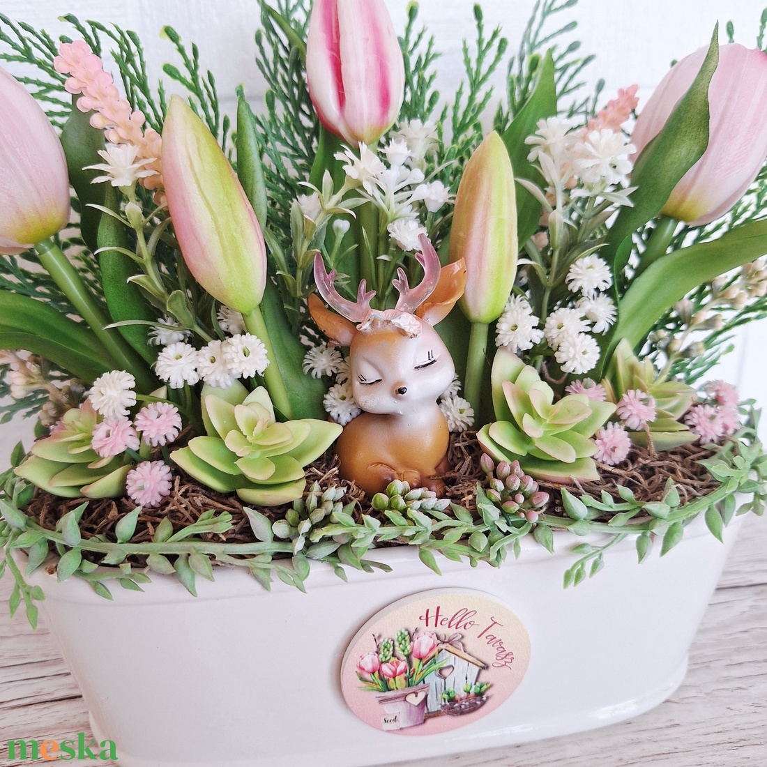 Tavaszi őzikés dísz kerámia kaspóban III. - otthon & életmód - dekoráció - asztal és polc dekoráció - asztaldísz - Meska.hu