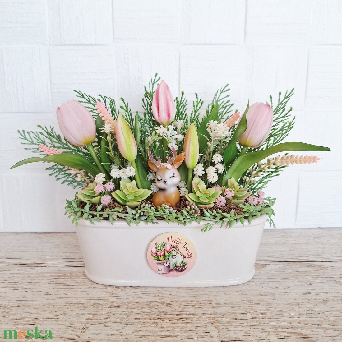 Tavaszi őzikés dísz kerámia kaspóban III. - otthon & életmód - dekoráció - asztal és polc dekoráció - asztaldísz - Meska.hu