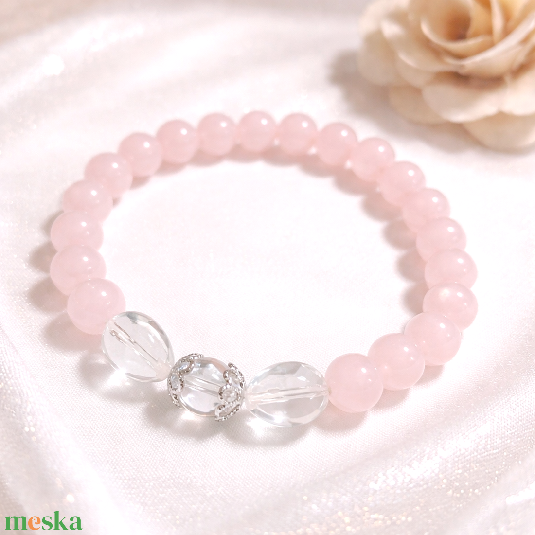 Csodás hegyikristály és rózsakvarc ásvány karkötő - ékszer - karkötő - gyöngyös karkötő - Meska.hu