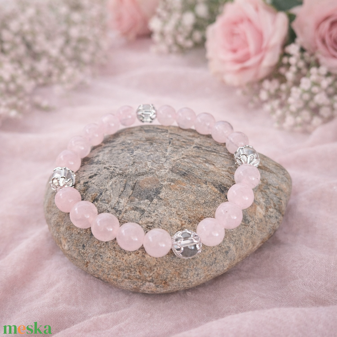 Rózsakvarc-hegyikristály ásvány karkötő - ékszer - karkötő - gyöngyös karkötő - Meska.hu