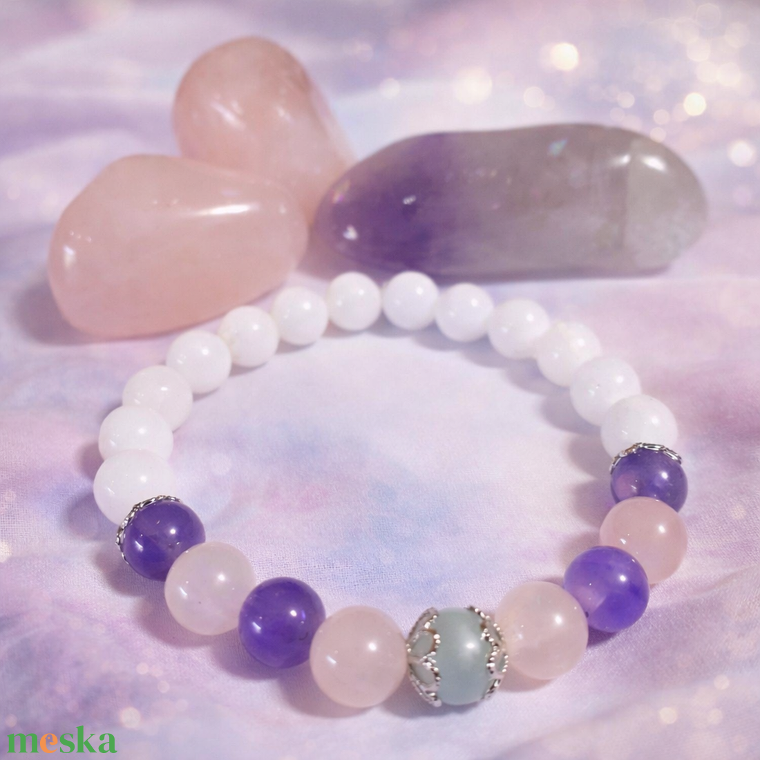 Tejkvarc,rózsakvarc,ametiszt és akvamarin ásvány karkötő - ékszer - karkötő - gyöngyös karkötő - Meska.hu