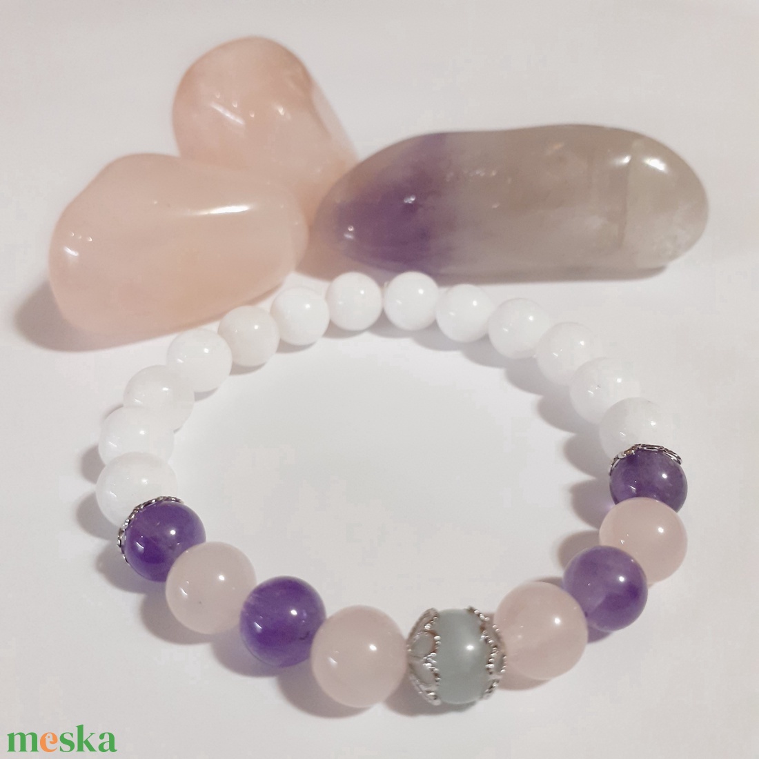 Tejkvarc,rózsakvarc,ametiszt és akvamarin ásvány karkötő - ékszer - karkötő - gyöngyös karkötő - Meska.hu