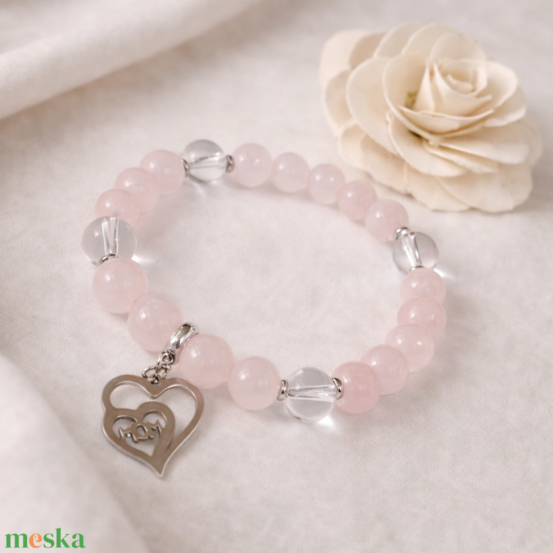 Rózsakvarc-hegyikristály ásvány karkötő - ékszer - karkötő - gyöngyös karkötő - Meska.hu