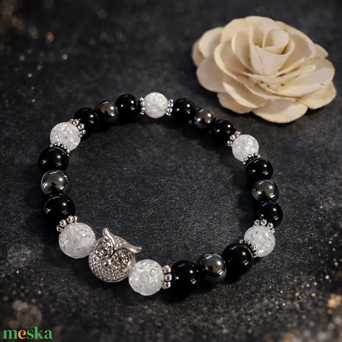 Baglyos ónix,hematit és hegyikristály ásvány karkötő - ékszer - karkötő - gyöngyös karkötő - Meska.hu