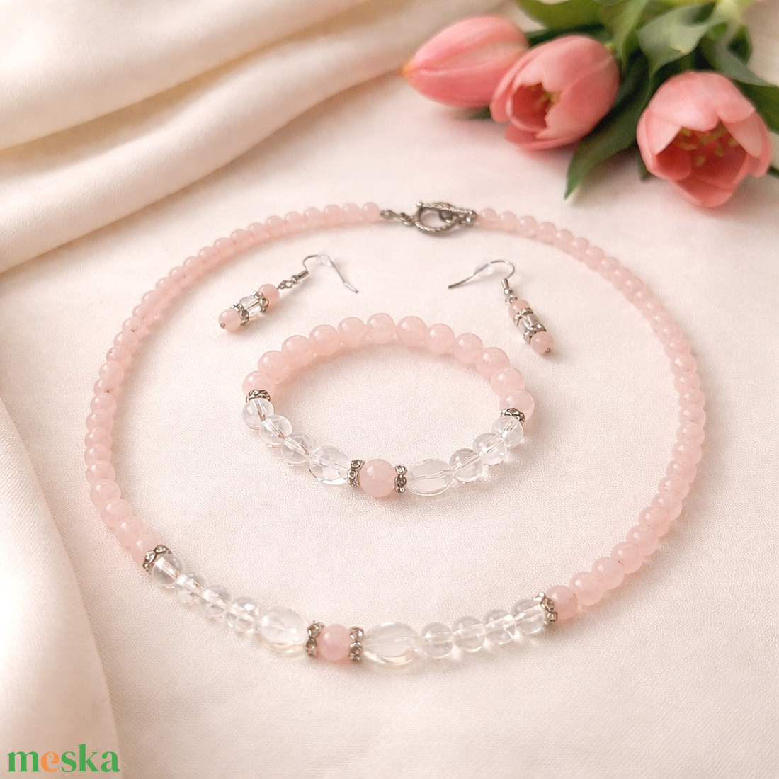 Rózsakvarc-hegyikristály ásvány ékszer szett - ékszer - ékszerszett - Meska.hu