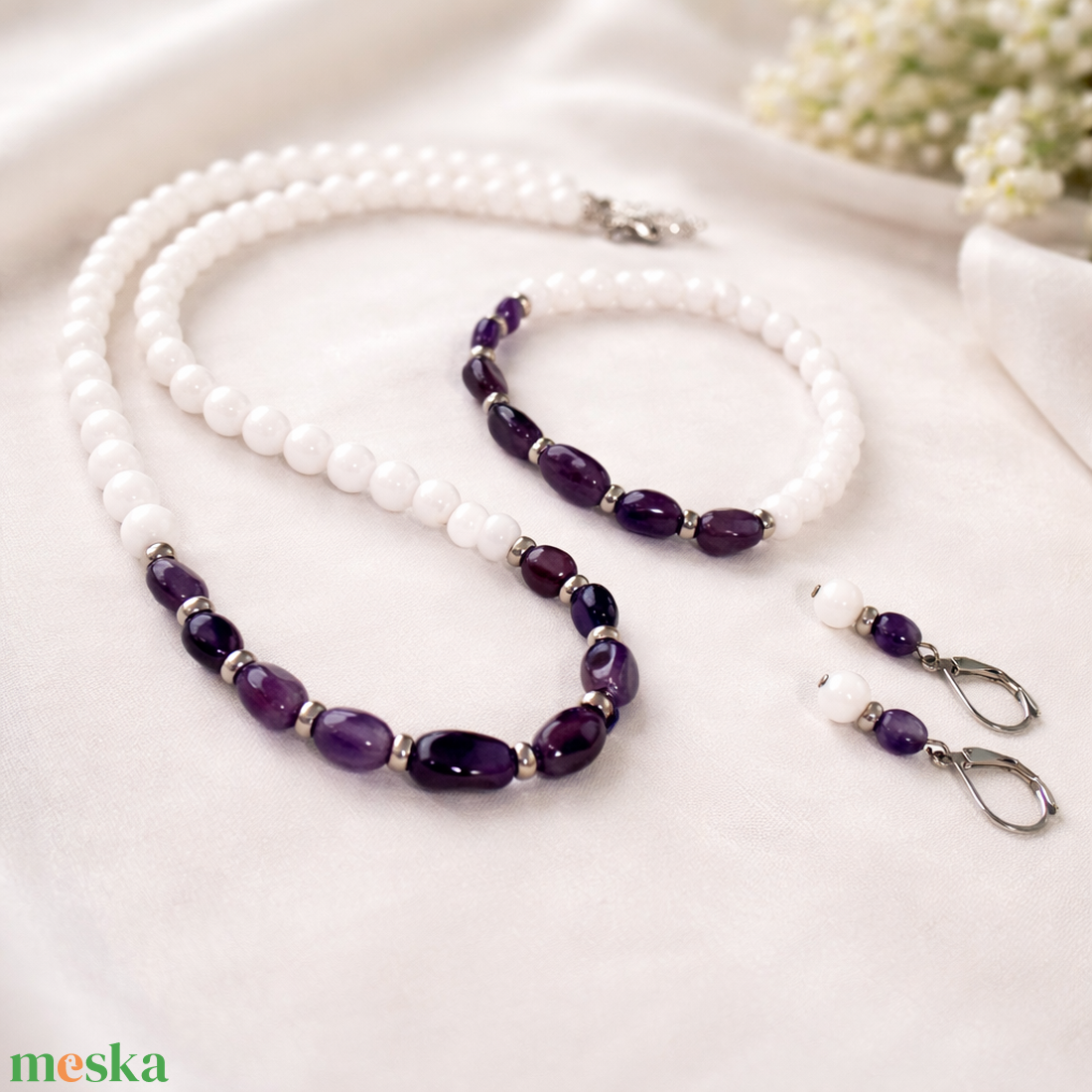 Tejkvarc és ametiszt ásvány ékszer szett - ékszer - ékszerszett - Meska.hu