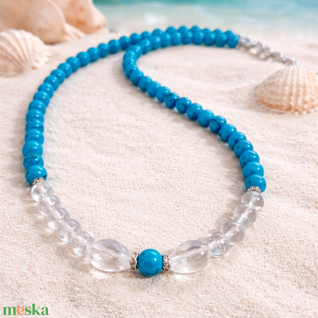 Türkiz nyaklánc hegyikristállyal - ékszer - nyaklánc - gyöngyös nyaklánc - Meska.hu