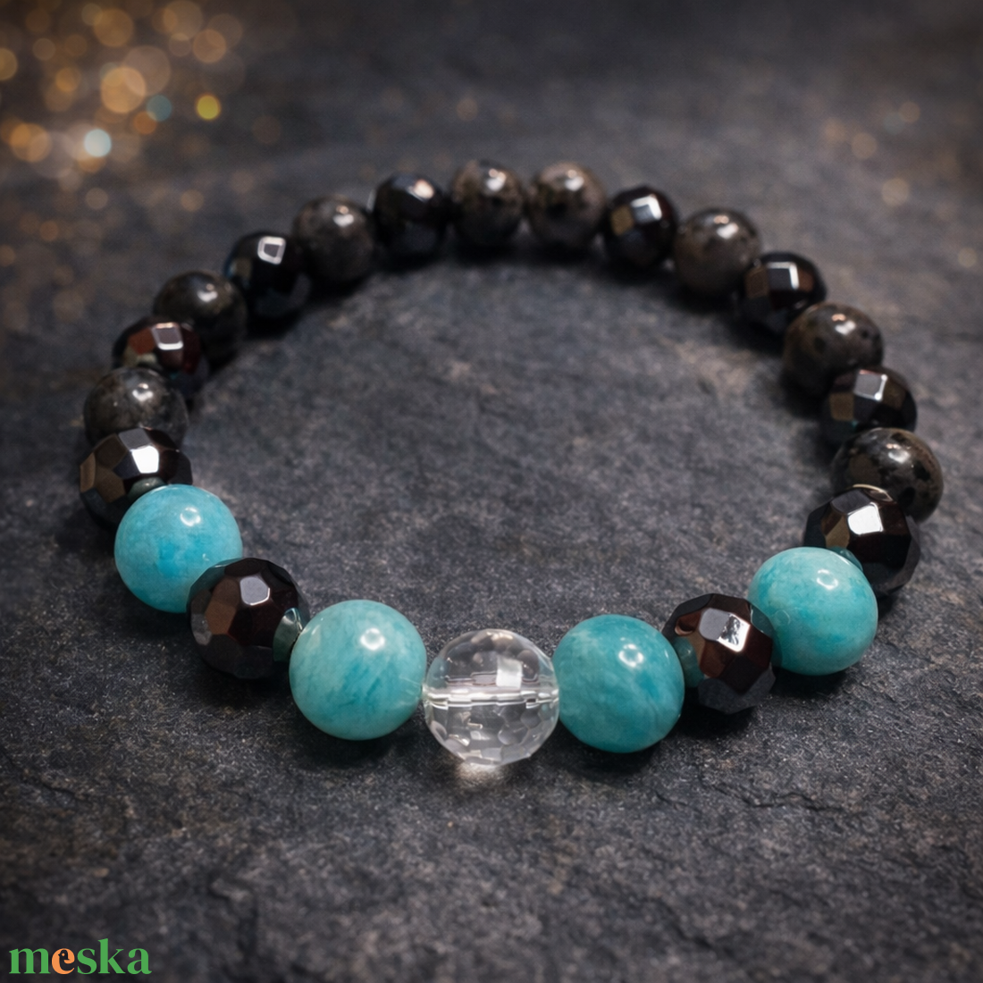 Csodaszép larvikit,amazonit és hematit ásvány karkötő - ékszer - karkötő - gyöngyös karkötő - Meska.hu