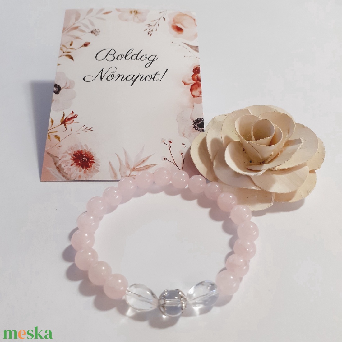 Csodás hegyikristály és rózsakvarc ásvány karkötő - ékszer - karkötő - gyöngyös karkötő - Meska.hu