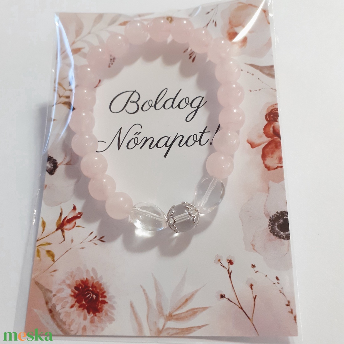 Csodás hegyikristály és rózsakvarc ásvány karkötő - ékszer - karkötő - gyöngyös karkötő - Meska.hu