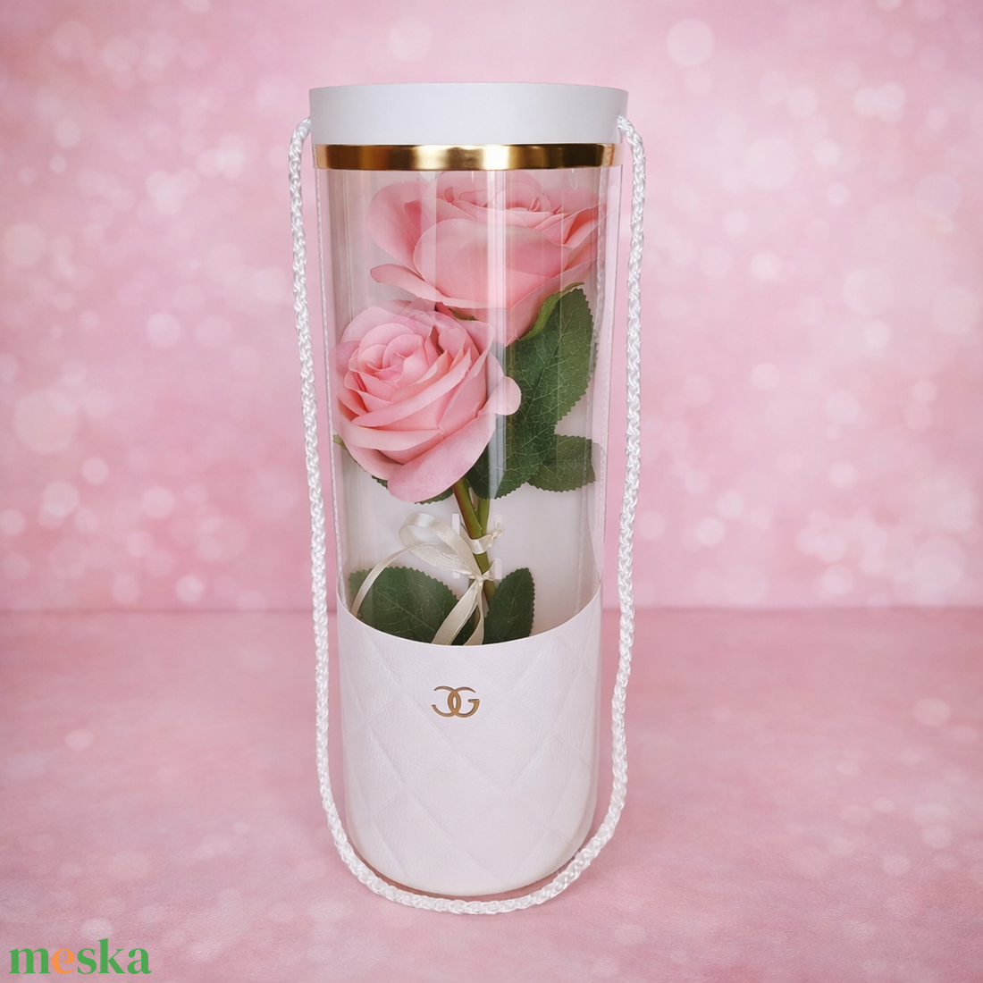 Élethű rózsa virág táskában-rózsaszín - otthon & életmód - virágdekoráció - virágok - virágbox - Meska.hu