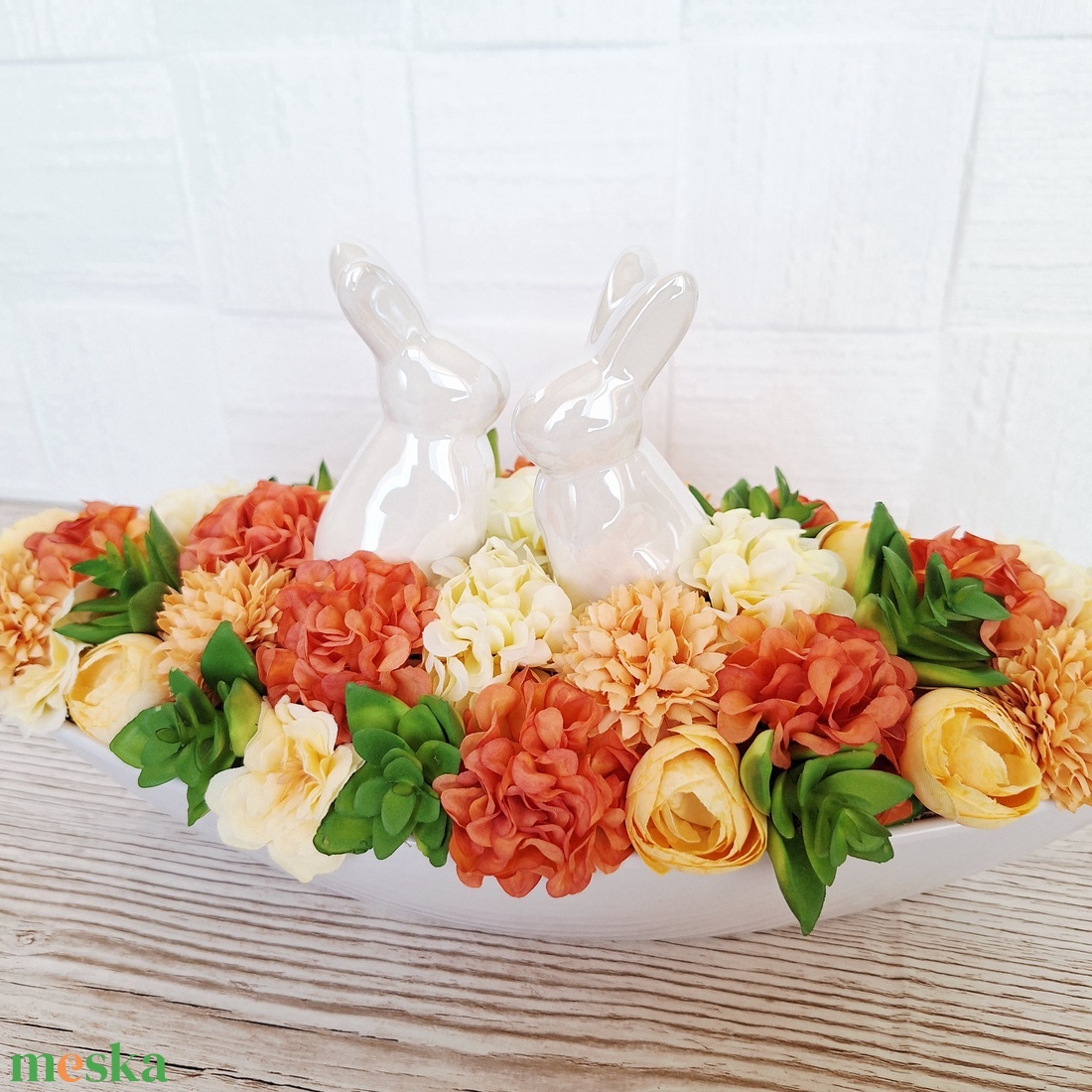   Húsveti asztaldísz kerámia nyuszikkal - ünnepi díszek, dekorációk - húsvéti díszek és dekorációk - húsvéti virágos díszek - Meska.hu