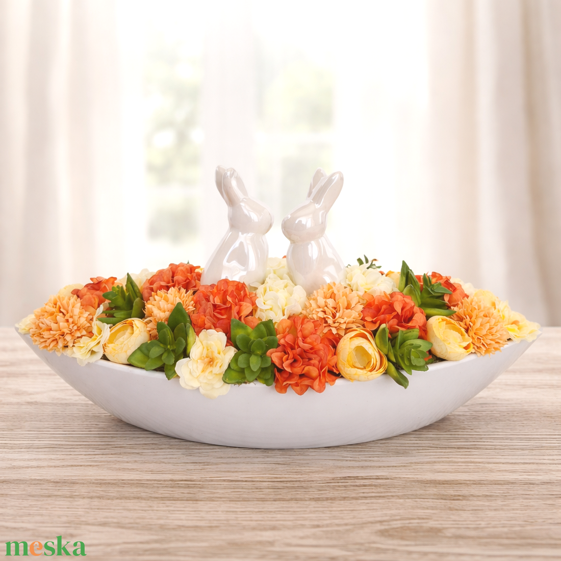   Húsveti asztaldísz kerámia nyuszikkal - ünnepi díszek, dekorációk - húsvéti díszek és dekorációk - húsvéti virágos díszek - Meska.hu