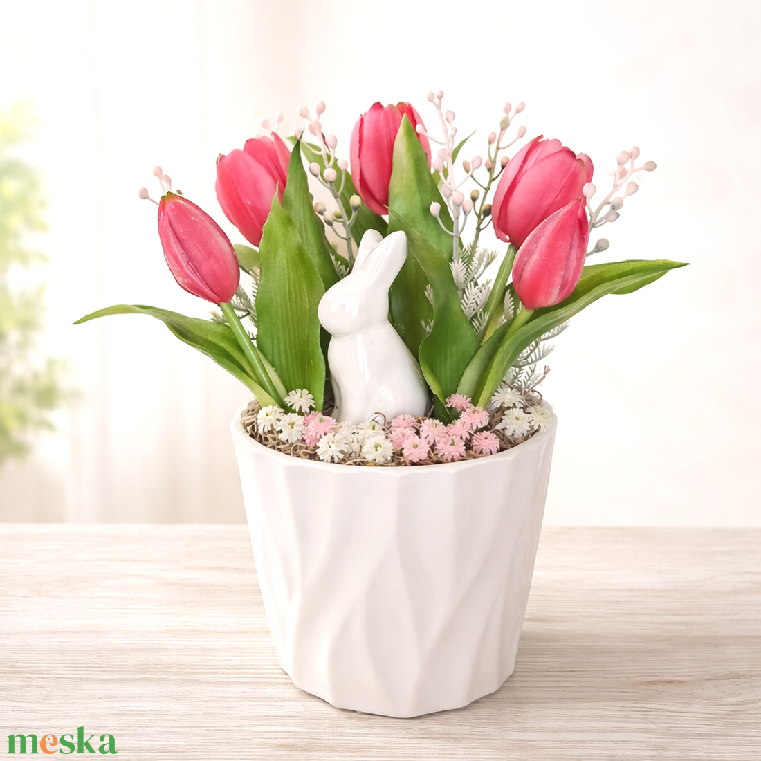   Húsveti dísz kerámia nyuszival - ünnepi díszek, dekorációk - húsvéti díszek és dekorációk - húsvéti virágos díszek - Meska.hu