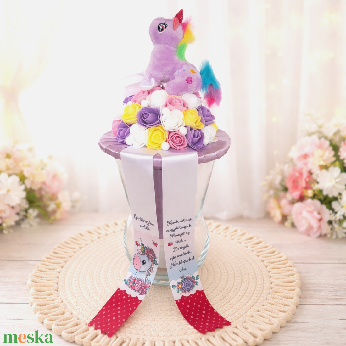 Ovis ballagási csokor plüss unikornissal II. - otthon & életmód - virágdekoráció - virágok - virágcsokor - Meska.hu