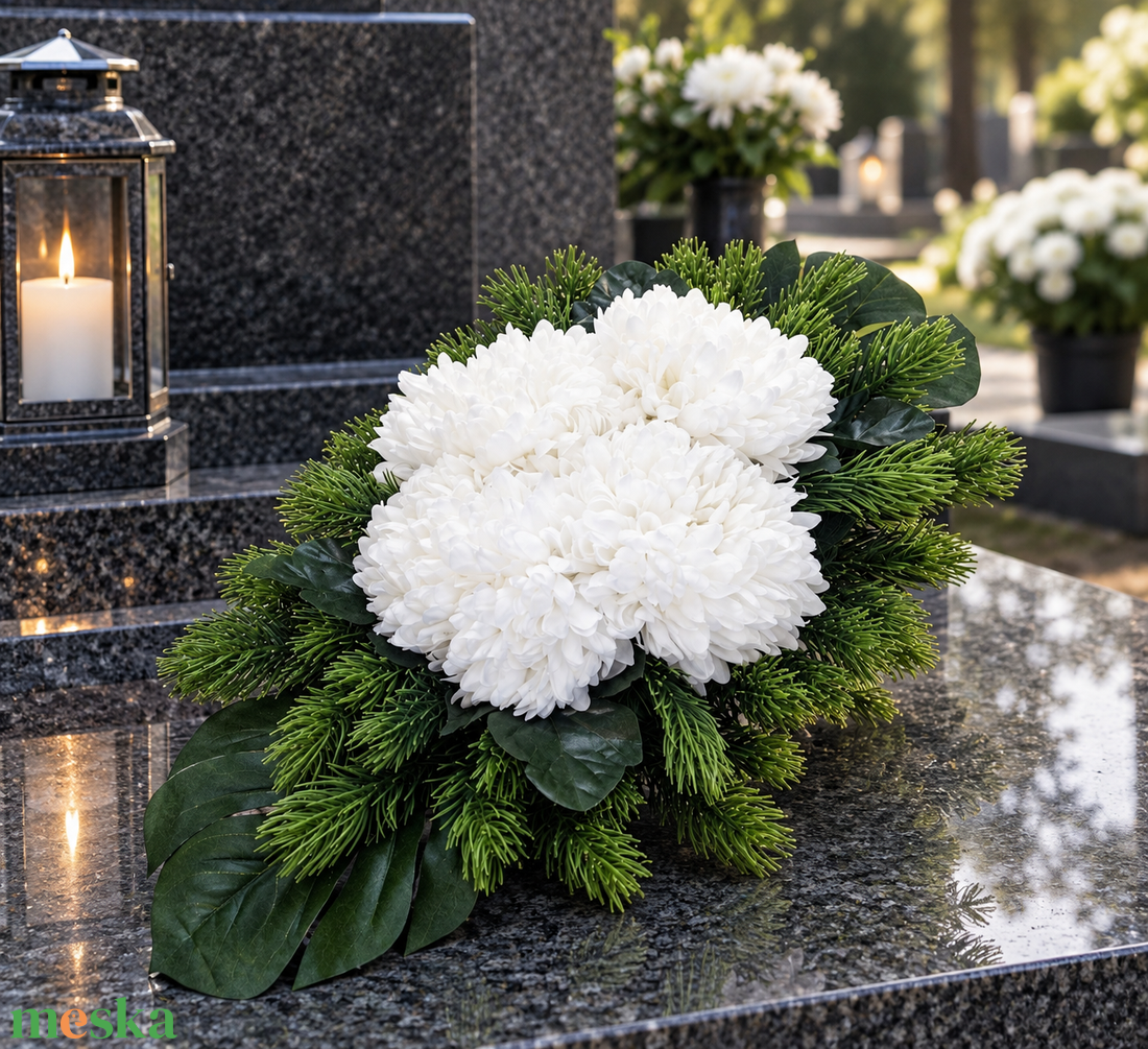 Hosszúkás sírdísz fenyővel és krizantémokkal III. - otthon & életmód - vallás - temetkezési tárgy - sírdísz, kegyeleti dísz - Meska.hu