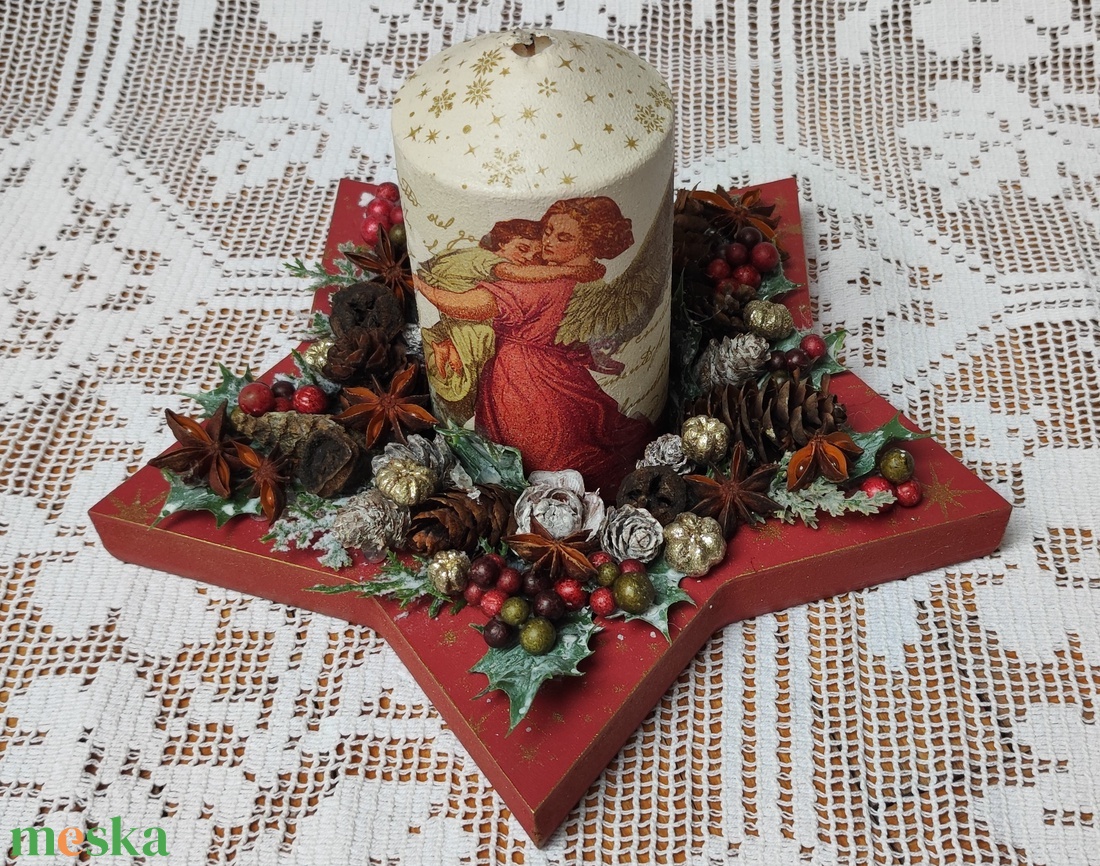 Adventi / karácsonyi asztaldísz decoupage technikával díszített gyertyával - karácsony - adventi díszek - adventi asztaldísz - Meska.hu