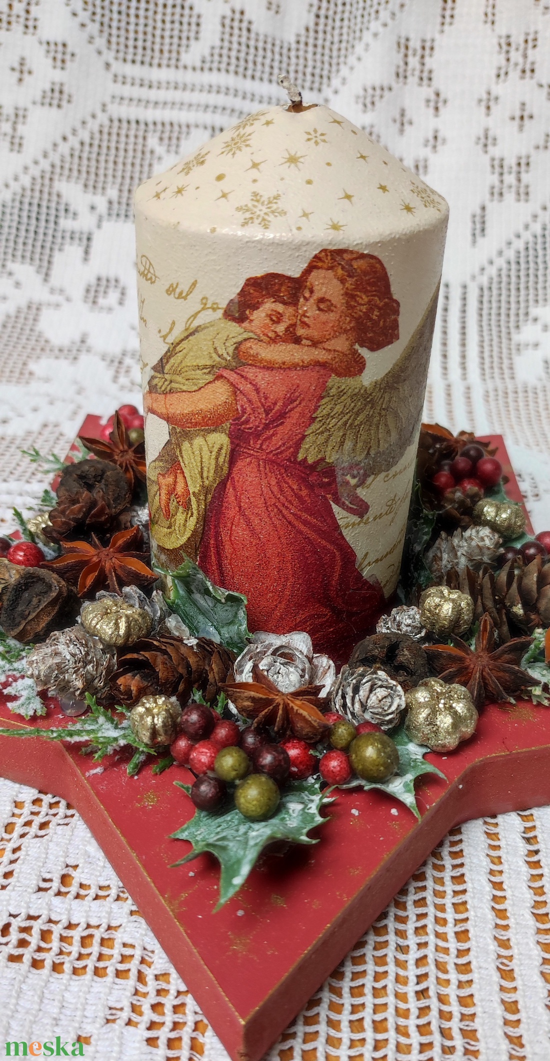 Adventi / karácsonyi asztaldísz decoupage technikával díszített gyertyával - karácsony - adventi díszek - adventi asztaldísz - Meska.hu