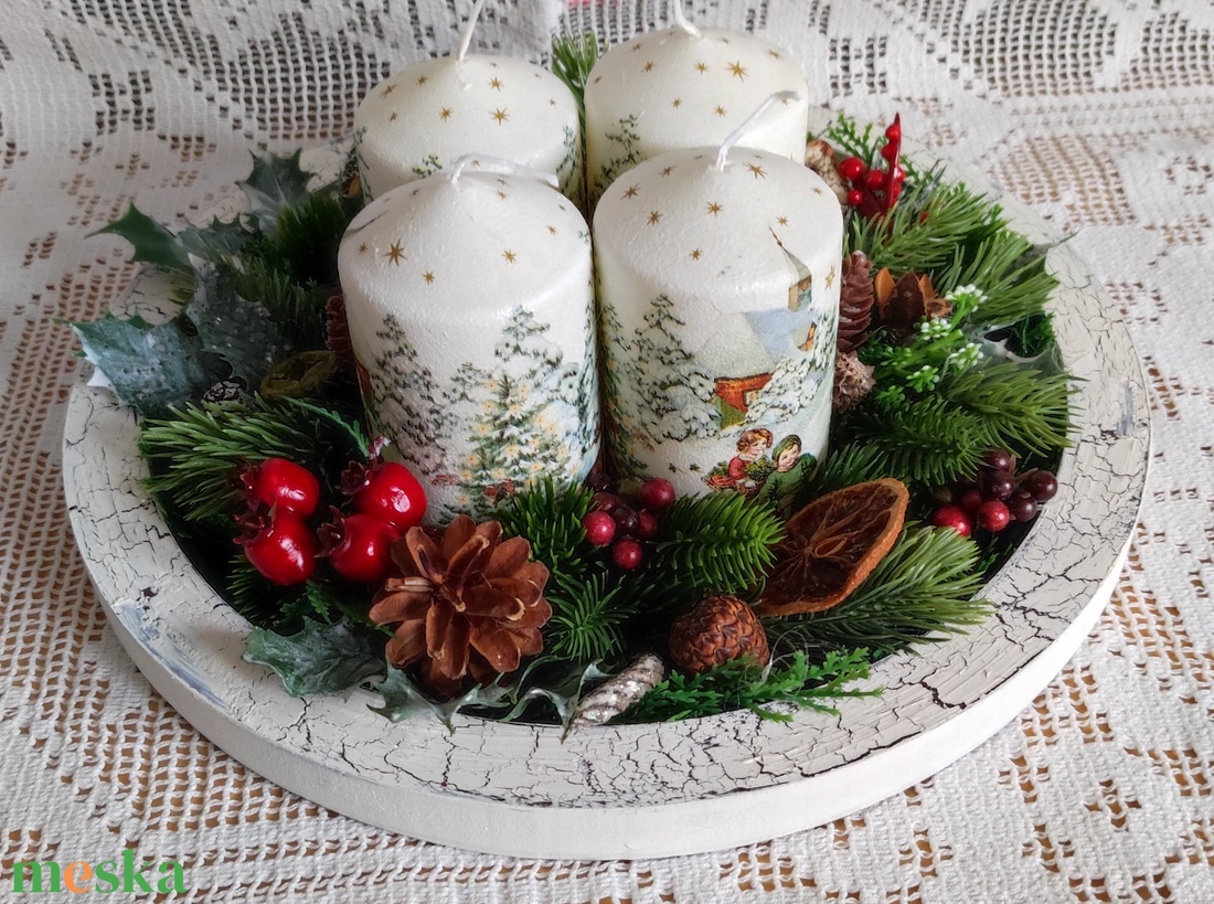Adventi / karácsonyi asztaldísz decoupage technikával díszített gyertyákkal - karácsony - karácsonyi lakásdekoráció - ünnepi asztaldekoráció - Meska.hu