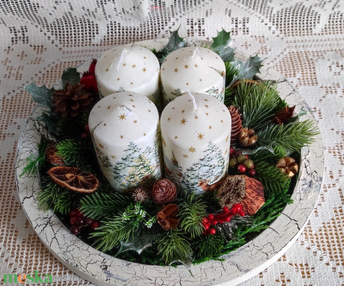 Adventi / karácsonyi asztaldísz decoupage technikával díszített gyertyákkal - karácsony - karácsonyi lakásdekoráció - ünnepi asztaldekoráció - Meska.hu