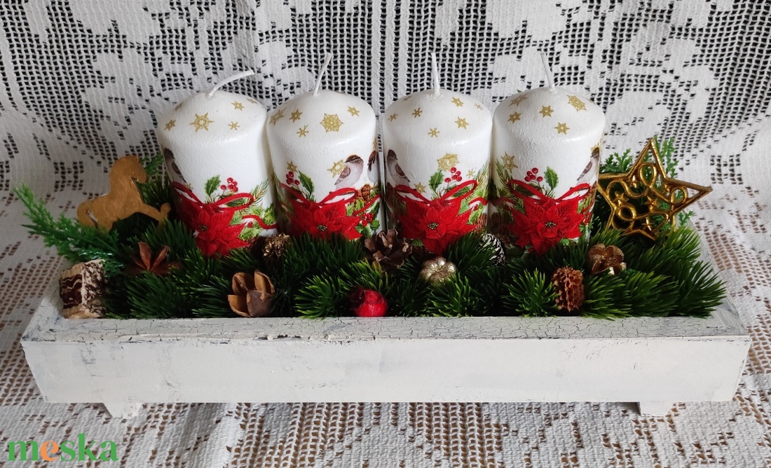 Különleges adventi / karácsonyi asztaldísz decoupage technikával díszített gyertyákkal - karácsony - karácsonyi lakásdekoráció - ünnepi asztaldekoráció - Meska.hu