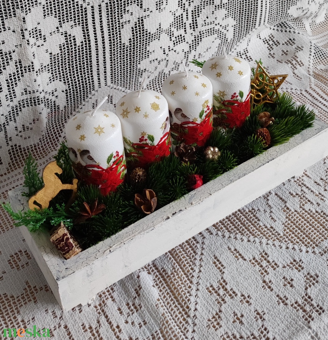 Különleges adventi / karácsonyi asztaldísz decoupage technikával díszített gyertyákkal - karácsony - karácsonyi lakásdekoráció - ünnepi asztaldekoráció - Meska.hu