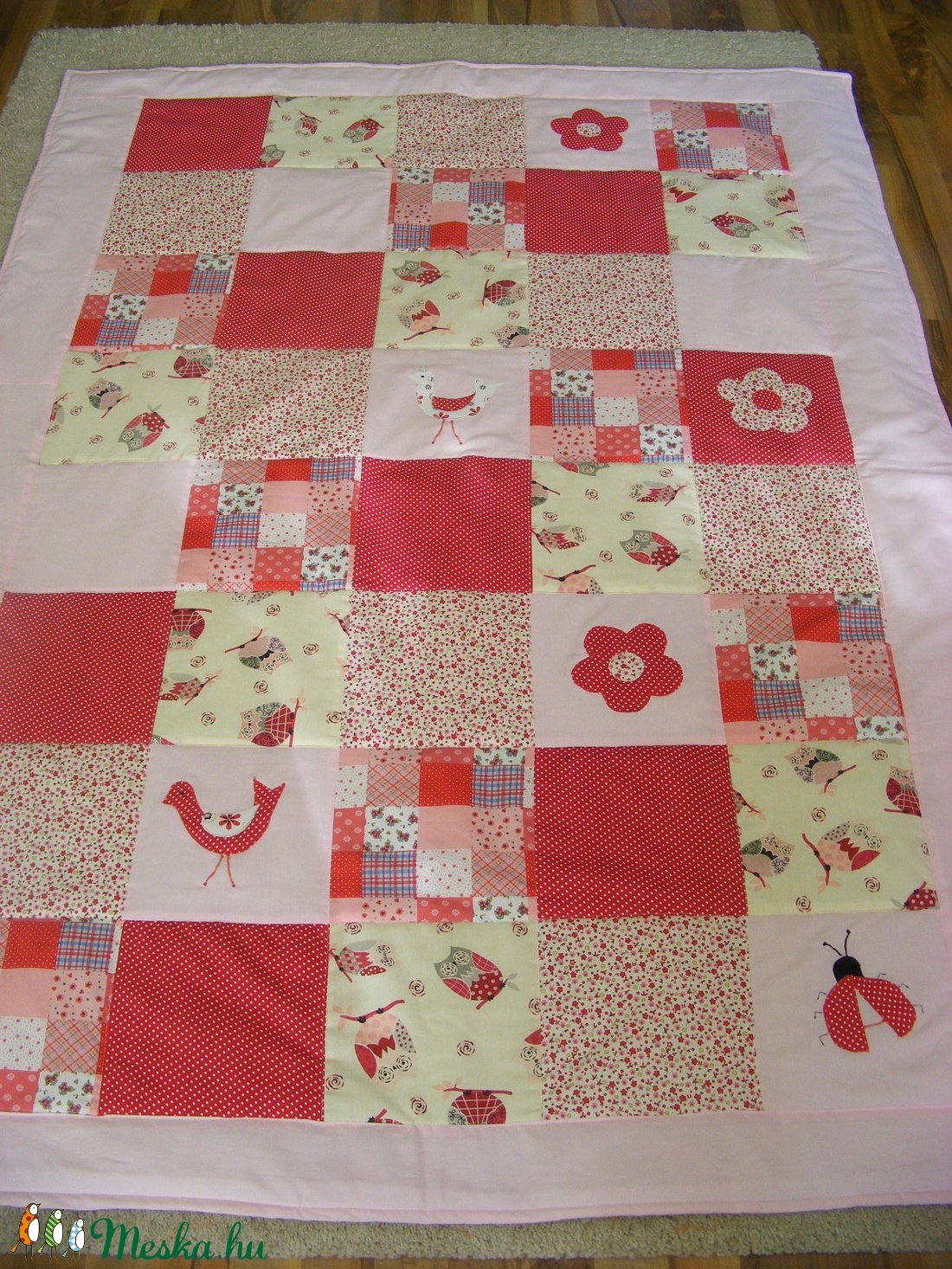patchwork  takaró, piros-pöttyös, bagoly mintás - otthon & életmód - babaszoba, gyerekszoba - babatakaró, gyerek pléd - Meska.hu