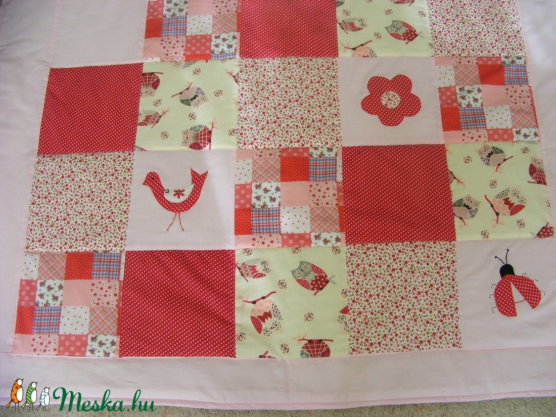 patchwork  takaró, piros-pöttyös, bagoly mintás - otthon & életmód - babaszoba, gyerekszoba - babatakaró, gyerek pléd - Meska.hu