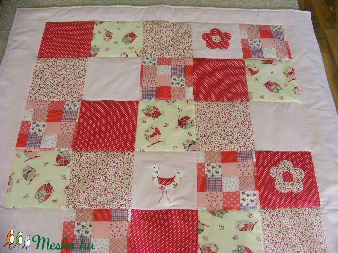 patchwork  takaró, piros-pöttyös, bagoly mintás - otthon & életmód - babaszoba, gyerekszoba - babatakaró, gyerek pléd - Meska.hu