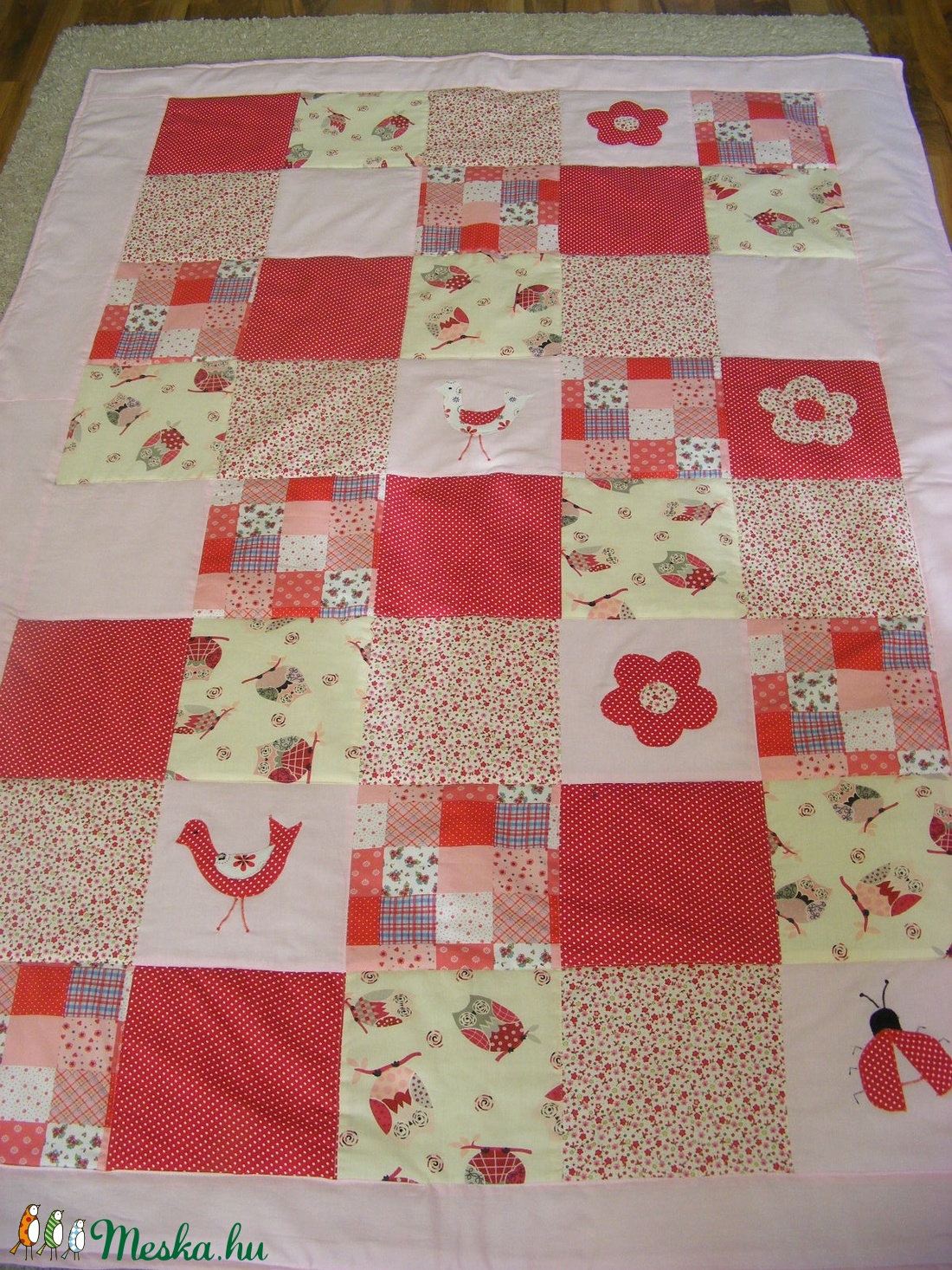 patchwork  takaró, piros-pöttyös, bagoly mintás - otthon & életmód - babaszoba, gyerekszoba - babatakaró, gyerek pléd - Meska.hu