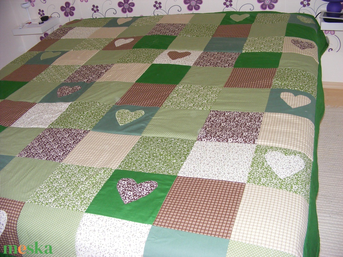 Zöld-barna kockás patchwork takaró, falvédőnek is alk. - otthon & lakás - lakástextil - ágytakaró - Meska.hu