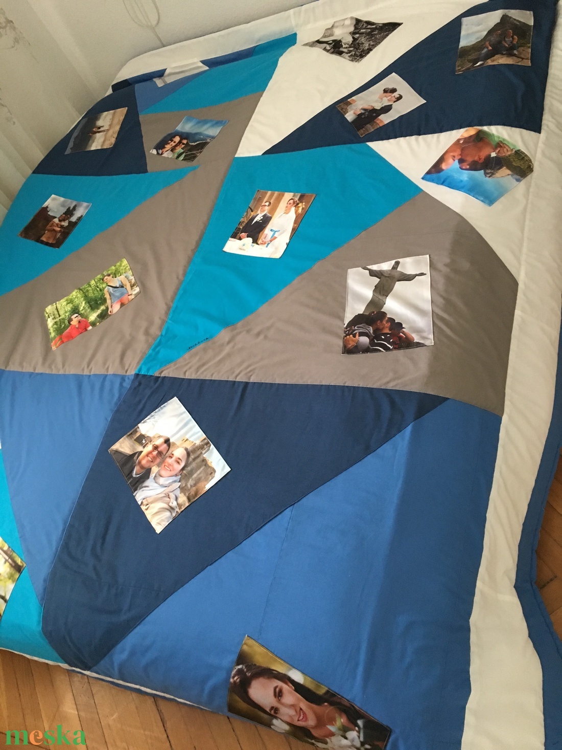 Fényképes crazy patchwork takaró kék, szürke, fehér, falvédő - otthon & életmód - lakástextil - ágytakaró - Meska.hu