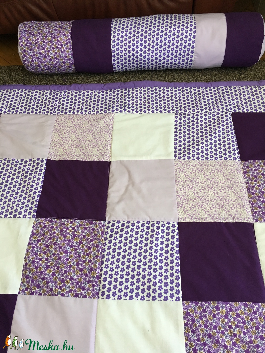 patchwork takaró lila szívecskékkel és felirattal, hengerpárna - otthon & lakás - lakástextil - ágytakaró - Meska.hu